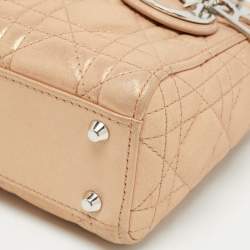 Pre Owned Dior Beige Shimmering Leather Mini Chain Lady Dior Tote