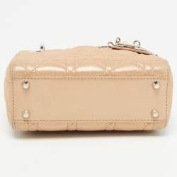 Pre Owned Dior Beige Shimmering Leather Mini Chain Lady Dior Tote