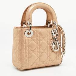 Pre Owned Dior Beige Shimmering Leather Mini Chain Lady Dior Tote
