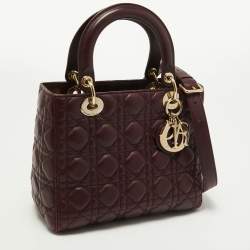 Pre Owned Dior Burgundy Cannage Leather Medium Lady Dior Tote