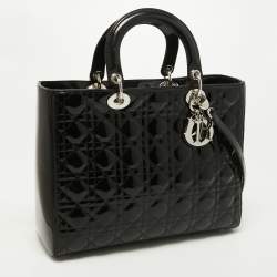 Pre Owned Dior Black Cannage Patent Leather Large Lady Dior Tote