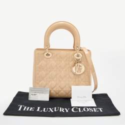Pre Owned Dior Beige Cannage Patent Leather Medium Lady Dior Tote