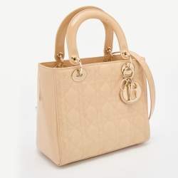 Pre Owned Dior Beige Cannage Patent Leather Medium Lady Dior Tote