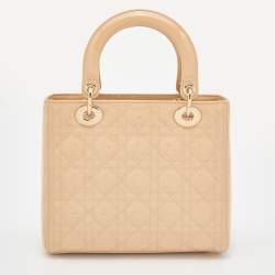 Pre Owned Dior Beige Cannage Patent Leather Medium Lady Dior Tote
