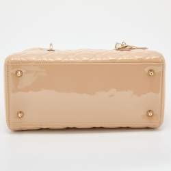 Pre Owned Dior Beige Cannage Patent Leather Medium Lady Dior Tote