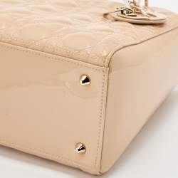 Pre Owned Dior Beige Cannage Patent Leather Medium Lady Dior Tote