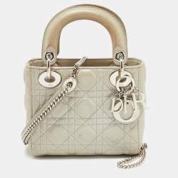 Pre Owned Dior Grey Shimmering Leather Mini Chain Lady Dior Tote