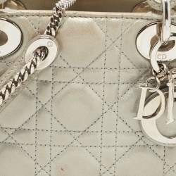 Pre Owned Dior Grey Shimmering Leather Mini Chain Lady Dior Tote