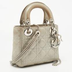 Pre Owned Dior Grey Shimmering Leather Mini Chain Lady Dior Tote