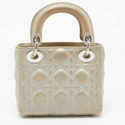 Pre Owned Dior Grey Shimmering Leather Mini Chain Lady Dior Tote
