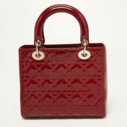 Pre Owned Dior Red Cannage Patent Leather Medium Lady Dior Tote
