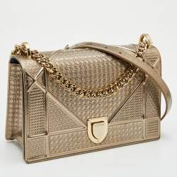 Pre Owned Dior Metallic Gold Micro Cannage Patent Leather Medium Diorama Shoulder Bag