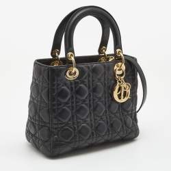 Pre Owned Dior Black Cannage Leather Medium Lady Dior Tote