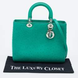 Pre Owned Dior Green Ostrich Large Lady Dior Tote