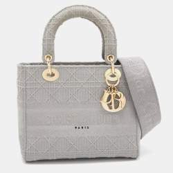 Pre Owned Dior Grey Cannage Embroidered Canvas Medium Lady D-Lite Tote