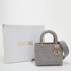 Pre Owned Dior Grey Cannage Embroidered Canvas Medium Lady D-Lite Tote