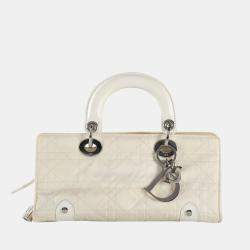 Pre Owned Christian Dior White Cannage Canvas East West Lady Dior Tote Bag
