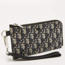 Dior Black Oblique Canvas and Leather Zip Wristlet Pouch