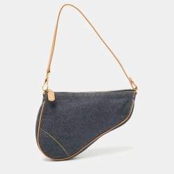 Pre Owned Dior Navy Blue/Beige Denim and Leather Saddle Pochette Bag