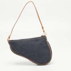Pre Owned Dior Navy Blue/Beige Denim and Leather Saddle Pochette Bag