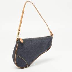 Pre Owned Dior Navy Blue/Beige Denim and Leather Saddle Pochette Bag