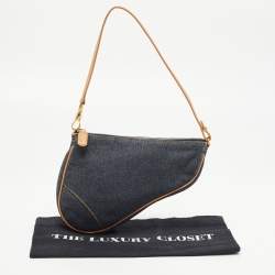 Pre Owned Dior Navy Blue/Beige Denim and Leather Saddle Pochette Bag