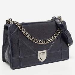 Pre Owned Dior Navy Blue Crackle Patent Leather Medium Diorama Shoulder Bag
