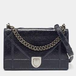 Pre Owned Dior Navy Blue Crackle Patent Leather Medium Diorama Shoulder Bag