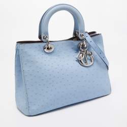 Pre Owned Dior Light Blue Ostrich Large Lady Dior Tote