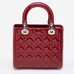 Pre Owned Dior Red Cannage Patent Leather Medium Lady Dior Tote