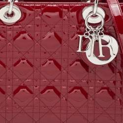 Pre Owned Dior Red Cannage Patent Leather Medium Lady Dior Tote