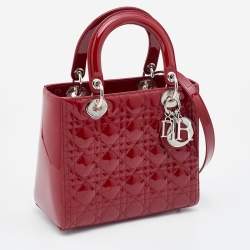 Pre Owned Dior Red Cannage Patent Leather Medium Lady Dior Tote
