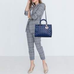 Pre Owned Dior Blue Cannage Leather Large Lady Dior Tote