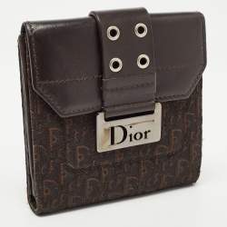 Pre Owned Dior Dark Brown Oblique Canvas and Leather Street Chic Compact Wallet