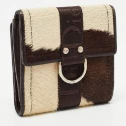 Pre Owned Dior Brown/Beige Calfhair and Leather Buckle Flap Compact Wallet