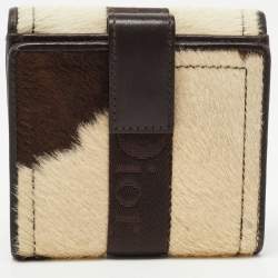 Pre Owned Dior Brown/Beige Calfhair and Leather Buckle Flap Compact Wallet