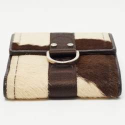 Pre Owned Dior Brown/Beige Calfhair and Leather Buckle Flap Compact Wallet