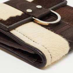 Pre Owned Dior Brown/Beige Calfhair and Leather Buckle Flap Compact Wallet