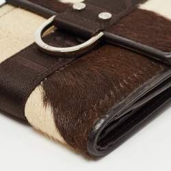Pre Owned Dior Brown/Beige Calfhair and Leather Buckle Flap Compact Wallet