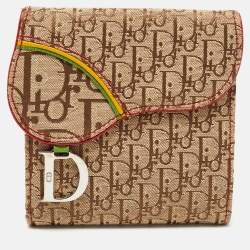 Pre Owned Dior Beige Oblique Canvas Rasta Saddle Compact Wallet