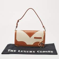 Dior Tan/Off White Brogue Leather Faux Pearl D’Trick Baguette Bag