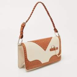Dior Tan/Off White Brogue Leather Faux Pearl D’Trick Baguette Bag