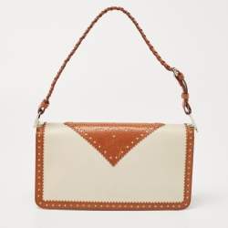 Dior Tan/Off White Brogue Leather Faux Pearl D’Trick Baguette Bag