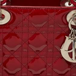 Pre Owned Dior Red Cannage Patent Leather Medium Lady Dior Tote