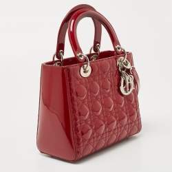 Pre Owned Dior Red Cannage Patent Leather Medium Lady Dior Tote