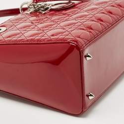 Pre Owned Dior Red Cannage Patent Leather Medium Lady Dior Tote