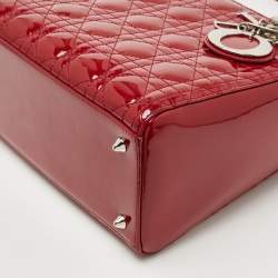 Pre Owned Dior Red Cannage Patent Leather Medium Lady Dior Tote