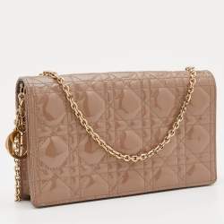 Dior Dark Beige Cannage Patent Leather Lady Dior Chain Clutch