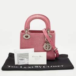 Pre Owned Dior Pink Lizard Mini Crystals Embellished Lady Dior Tote