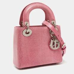 Pre Owned Dior Pink Lizard Mini Crystals Embellished Lady Dior Tote